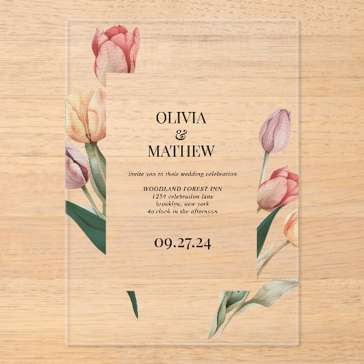 Delicate Romantische Tulp Waterverf Lijst Bruiloft Acryl Uitnodigingen (Voorkant)