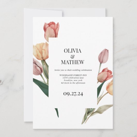 Delicate Romantische Tulp Waterverf Lijst Bruiloft Kaart (Voorkant)