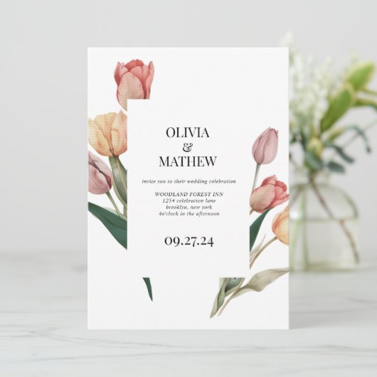 Delicate Romantische Tulp Waterverf Lijst Bruiloft Kaart (Staand voorkant)