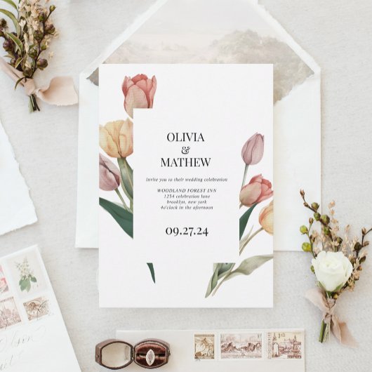 Delicate Romantische Tulp Waterverf Lijst Bruiloft Kaart