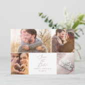 Delicate Roos Gold Calligrafie 4 Foto Collage Save The Date (Staand voorkant)