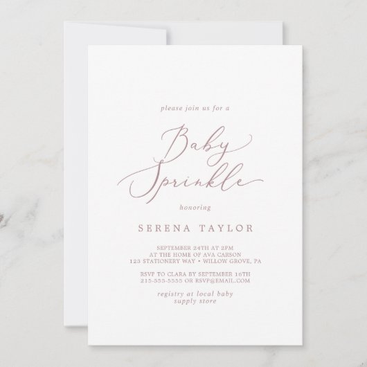 Delicate Roos Gold Calligrafie-Baby Sprinkle Kaart (Voorkant)