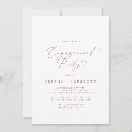 Delicate Roos Gold Calligraphy Engagement Party Kaart (Voorkant)