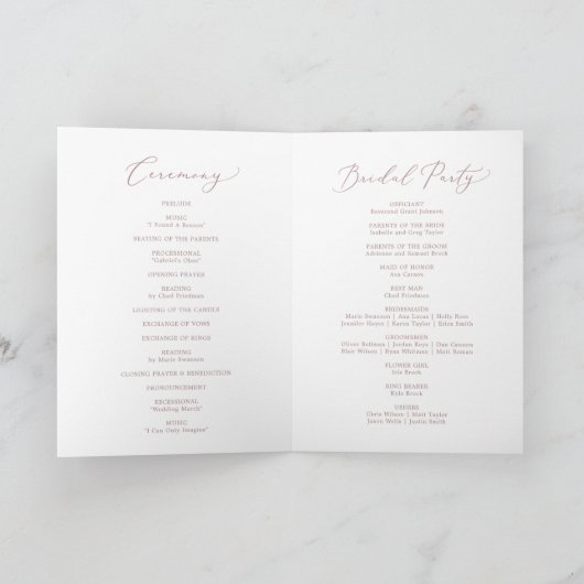 Delicate Roos Gold Calligraphy Folded Wedding Programma (Binnen)