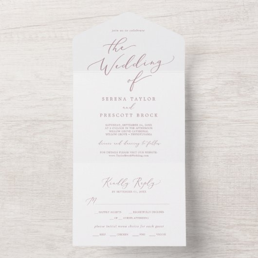 Delicate Roos Gold Calligraphy Wedding All In One Uitnodiging (Binnen)