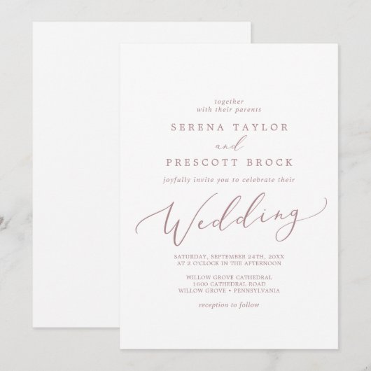 Delicate Roos Gold Calligraphy Wedding Kaart (Voorkant / Achterkant)