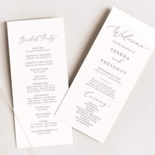 Delicate Roos Gold Calligraphy Wedding Program Programmakaart