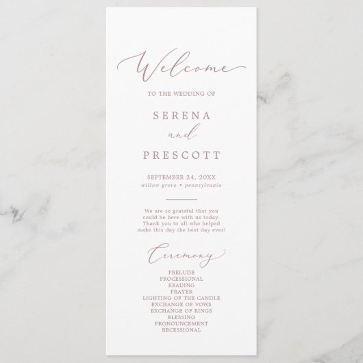 Delicate Roos Gold Calligraphy Wedding Program Programmakaart (Voorkant)