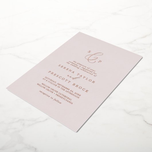 Delicate Roos Gold Foil | Blush Monogram Weddensch Folie Uitnodiging (Gedraaid)