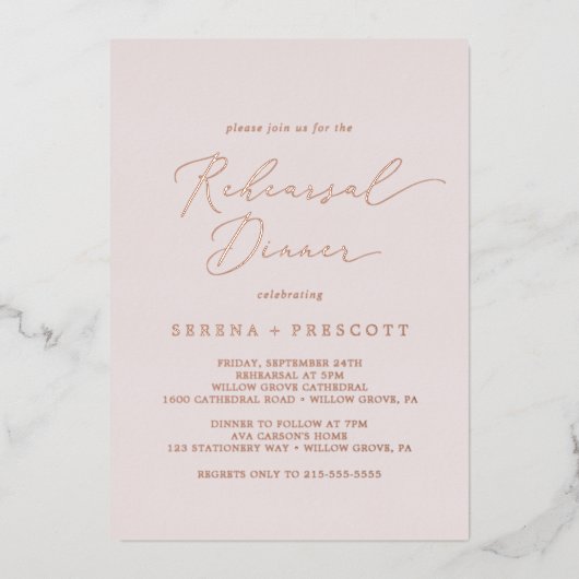 Delicate Roos Gold Foil | Blush repesial Dinner Folie Uitnodiging (Voorkant)