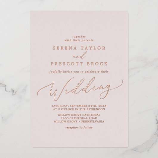 Delicate Roos Gold Foil | Blush Weddenschap Folie Uitnodiging (Voorkant)