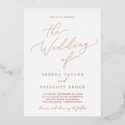 Delicate Roos Gold Foil kalligrafie Het huwelijk v Folie Uitnodiging (Voorkant)