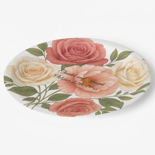 Delicate Roos pioen gepersonaliseerde bruiloft Papieren Bordje (Gekanteld)
