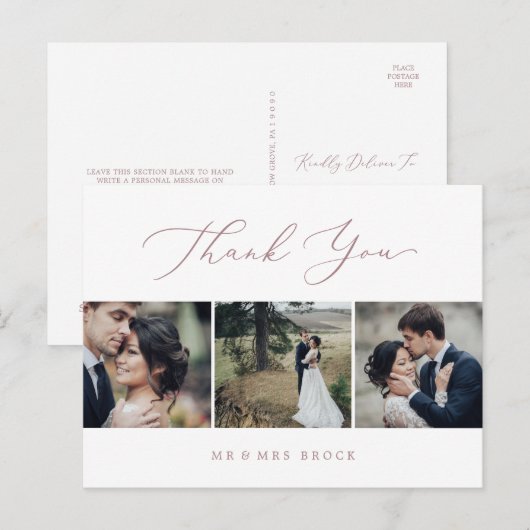 Delicate Rose Gold 3 Photo Template Thank You Briefkaart (Voorkant / Achterkant)