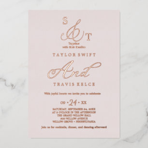 Delicate Rose Goud Folie   Blush Monogram Huwelijk Uitnodiging