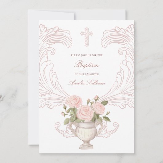 Delicate Roses Frame Baptism Invitation Kaart (Voorkant)