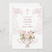 Delicate Roses Frame First Communion Kaart (Voorkant / Achterkant)