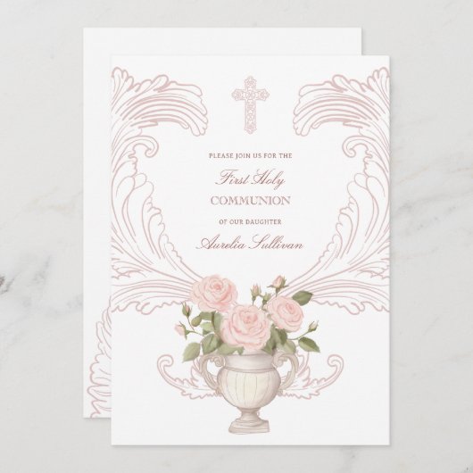 Delicate Roses Frame First Communion Kaart (Voorkant / Achterkant)