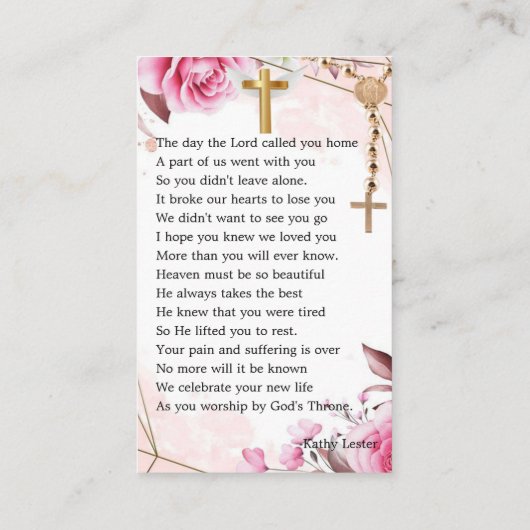 Delicate Rosy Blush Memorial Prayer-fotokaart Visitekaartje (Achterkant)