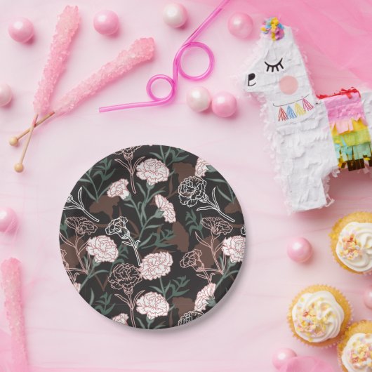 Delicate Roze Anjers met Groene Bladeren Bloemen Papieren Bordje (Feest)