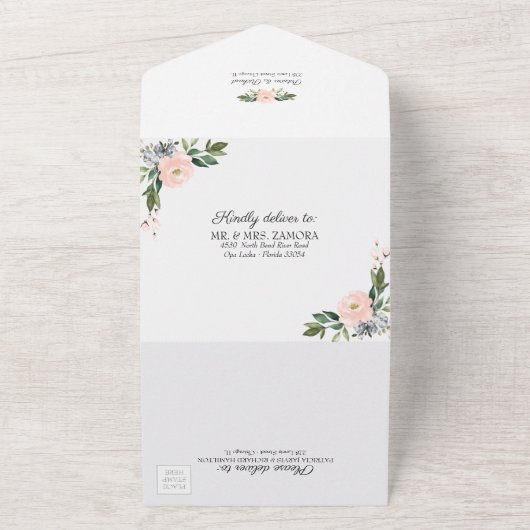 Delicate Roze Blauw Bloemen Geometrische Bruiloft All In One Uitnodiging (Buitenkant)