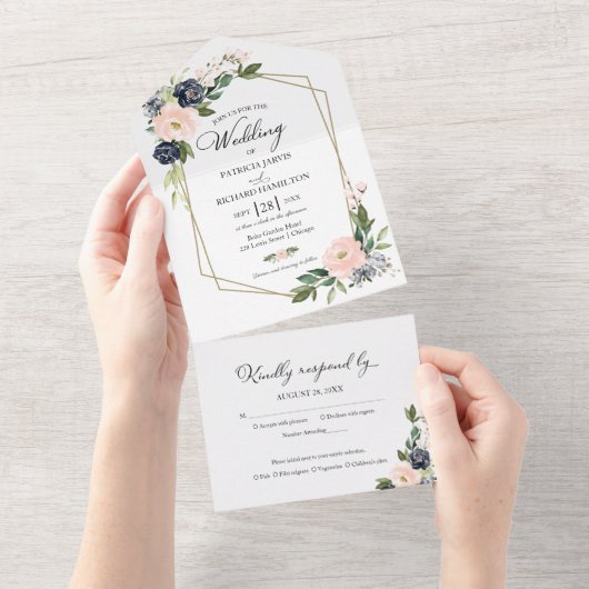 Delicate Roze Blauw Bloemen Geometrische Bruiloft All In One Uitnodiging (Afscheurbaar)