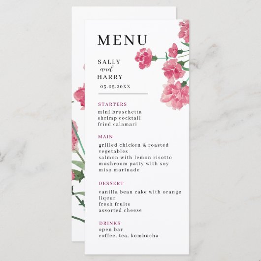Delicate roze bloem bruiloft menu (Voorkant / Achterkant)