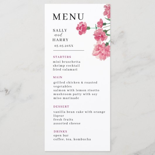 Delicate roze bloem bruiloft menu (Voorkant)