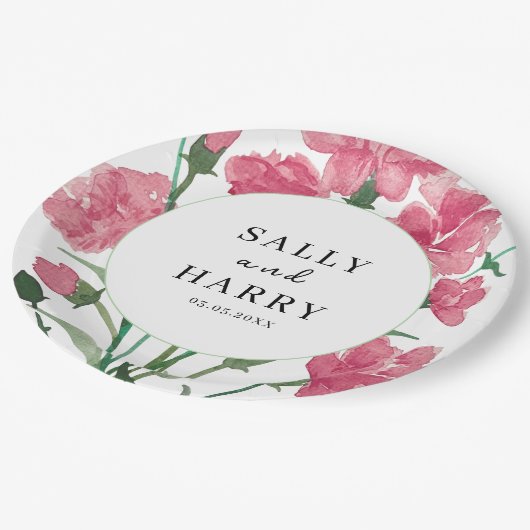 Delicate roze bloem bruiloft papieren bordje (Gekanteld)