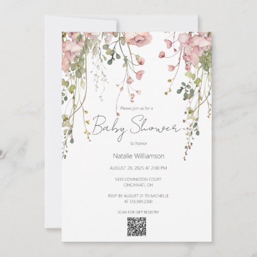 Delicate Roze Bloemen Baby shower QR Code Kaart (Voorkant)