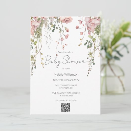 Delicate Roze Bloemen Baby shower QR Code Kaart (Staand voorkant)