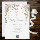 Delicate Roze Bloemen Baby shower QR Code Kaart
