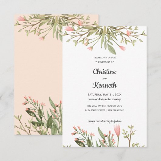 Delicate roze bloemen chic Botanical bruiloft Kaart (Voorkant / Achterkant)