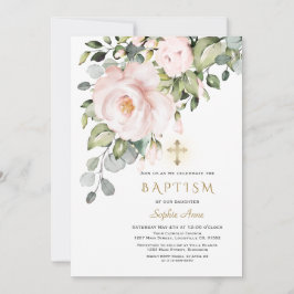 Delicate Roze Bloemen Gouden Kruis Meisje Doop Kaart