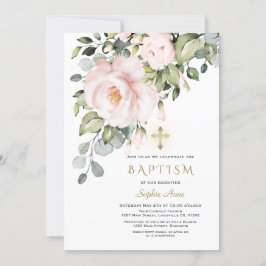 Delicate Roze Bloemen Gouden Kruis Meisje Doop Kaart