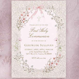 delicate roze bloemen kant frame Eerste Communie Kaart