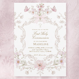 Delicate roze bloemen omlijst Eerste Heilige Commu Kaart