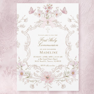 Delicate roze bloemen omlijst Eerste Heilige Commu Kaart