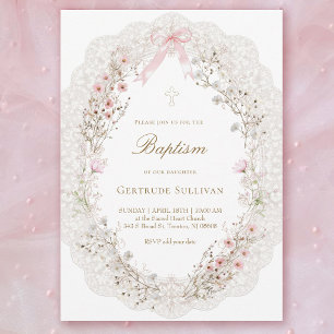 delicate roze bloemen ovale kant kader Doop Kaart