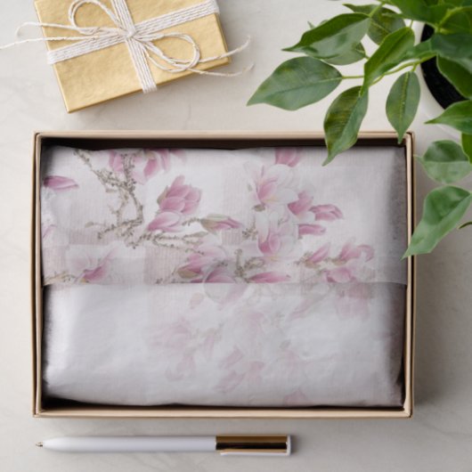 Delicate roze bloemen Roze/Witte Checkerboard Tissuepapier (Geschenk)