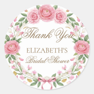 Delicate Roze Bloemenkrans Script Bedankt Ronde Sticker
