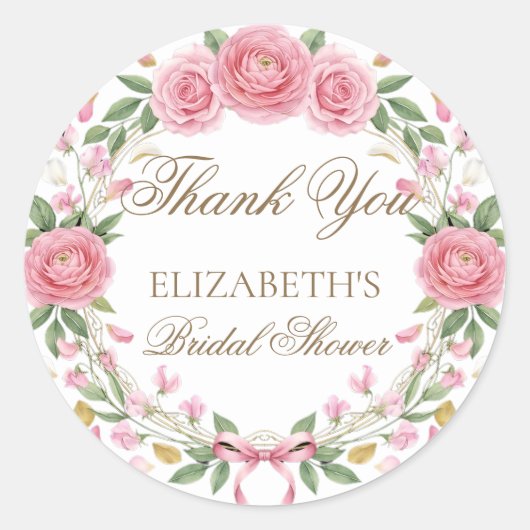 Delicate Roze Bloemenkrans Script Bedankt Ronde Sticker (Voorkant)