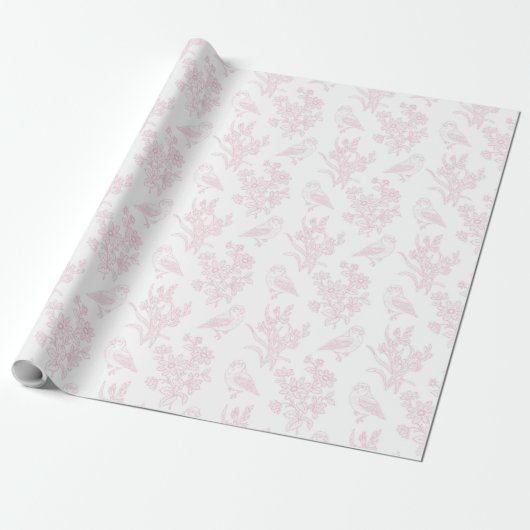 Delicate Roze Bloemvogel Lijnkunst Bruidsdouche Cadeaupapier (Uitgerold)