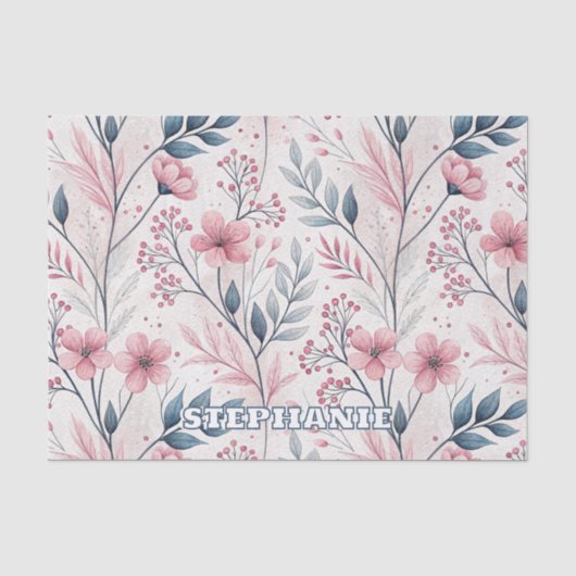 Delicate Roze Bloesems met Gedempte Blauwe Bladere Tissuepapier (Voorkant)