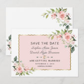 Delicate Roze Blush Bloemen Gouden Frame Bruiloft Save The Date (Voorkant / Achterkant)