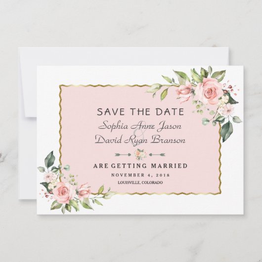 Delicate Roze Blush Bloemen Gouden Frame Bruiloft Save The Date (Voorkant)