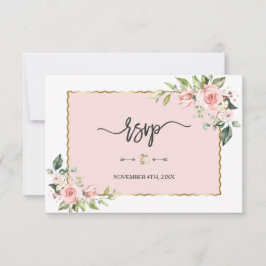 Delicate Roze Blush Bloemen Gouden Frame Trouw RSVP Kaartje