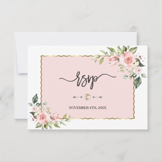 Delicate Roze Blush Bloemen Gouden Frame Trouw RSVP Kaartje (Voorkant)
