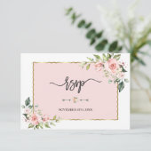 Delicate Roze Blush Bloemen Gouden Frame Trouw RSVP Kaartje (Staand voorkant)