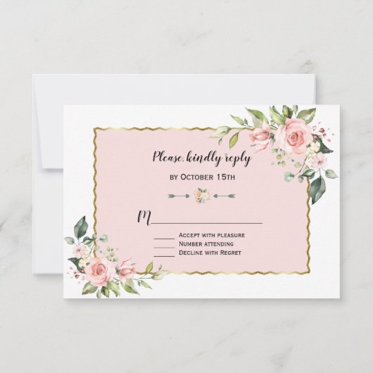 Delicate Roze Blush Bloemen Gouden Frame Trouw RSVP Kaartje (Achterkant)